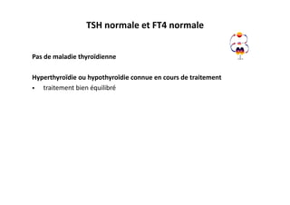 TSH	
  normale	
  et	
  FT4	
  normale	
  
Pas	
  de	
  maladie	
  thyroïdienne	
  
Hyperthyroïdie	
  ou	
  hypothyroïdie	
  connue	
  en	
  cours	
  de	
  traitement	
  
•  	
  traitement	
  bien	
  équilibré	
  
 