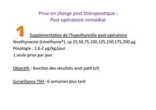 Prise	
  en	
  charge	
  post	
  thérapeu2que	
  :	
  
Post	
  opératoire	
  immédiat	
  
Supplémenta2on	
  de	
  l’hypothyroïdie	
  post-­‐opératoire	
  
lévothyroxine	
  (Lévothyrox®),	
  cp	
  25,50,75,100,125,150,175,200	
  µg	
  
Posologie	
  :	
  1,6-­‐2	
  µg/kg/jour	
  
1	
  seule	
  prise	
  par	
  jour	
  
Objec2fs	
  :	
  fonc2on	
  des	
  résultats	
  anat	
  path	
  (cf)	
  
Surveillance	
  TSH	
  :	
  6	
  semaines	
  plus	
  tard	
  
	
   	
  	
  
 