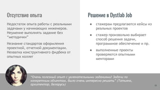 Отсутствие опыта Решение в Dystlab Job
Недостаток опыта работы с реальными
задачами у начинающих инженеров.
Неумение выполнять задание без
“методички”
Незнание стандартов оформления
проектной, отчетной документации.
Нехватка конструктивного фидбека от
опытных коллег
18
● стажерам предлагаются кейсы из
реальных проектов
● стажер произвольно выбирает
способ решения задачи,
программное обеспечение и пр.
● выполненные проекты
проверяются опытными
менторами
“Очень полезный опыт с увлекательными заданиями! Задачи по
конкретным объектам, было очень интересно решать” (Татьяна,
архитектор, Беларусь)
 