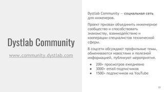 Dystlab Community
www.community.dystlab.com
22
Dystlab Community — социальная сеть
для инженеров.
Проект призван объединить инженерное
сообщество и способствовать
знакомству, взаимодействию и
кооперации специалистов технической
сферы.
В соцсети обсуждают профильные темы,
обмениваются новостями и полезной
информацией, публикуют мероприятия.
● 200+ просмотров ежедневно
● 3000+ email-подписчиков
● 1500+ подписчиков на YouTube
 