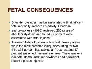 FETAL CONSEQUENCES
 Shoulder dystocia may be associated with significant
fetal morbidity and even mortality. Gherman
 and co-workers (1998) reviewed 285 cases of
shoulder dystocia and found 25 percent were
associated with fetal injuries.
 Transient Erb or Duchenne brachial plexus palsies
were the most common injury, accounting for two
thirds;38 percent had clavicular fractures; and 17
percent sustained humeral fractures. There was one
neonatal death, and four newborns had persistent
brachial plexus injuries.
 