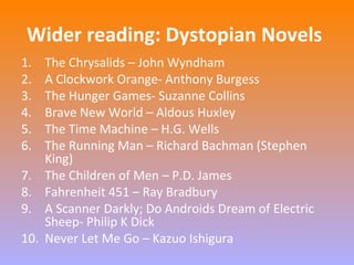 Wider reading: Dystopian Novels 
1. The Chrysalids – John Wyndham 
2. A Clockwork Orange- Anthony Burgess 
3. The Hunger Games- Suzanne Collins 
4. Brave New World – Aldous Huxley 
5. The Time Machine – H.G. Wells 
6. The Running Man – Richard Bachman (Stephen 
King) 
7. The Children of Men – P.D. James 
8. Fahrenheit 451 – Ray Bradbury 
9. A Scanner Darkly; Do Androids Dream of Electric 
Sheep- Philip K Dick 
10. Never Let Me Go – Kazuo Ishigura 
 