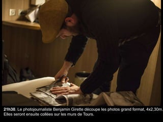 21h30. Le photojournaliste Benjamin Girette découpe les photos grand format, 4x2,30m.
Elles seront ensuite collées sur les murs de Tours.
 