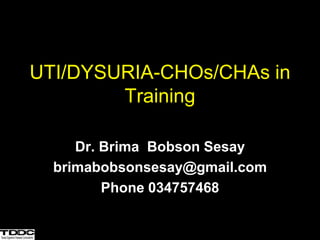 UTI/DYSURIA-CHOs/CHAs in
Training
Dr. Brima Bobson Sesay
brimabobsonsesay@gmail.com
Phone 034757468
 