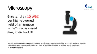Microscopy
Greater than 10 WBC
per high-powered
field of an unspun
urine* is considered
diagnostic for UTI.
*Quantitative unspun-urine microscopy, confirmed by oil-immersion, is a quick, reliable method
for diagnosis of significant bacteriuria, and is considered to be useful for early diagnosis
of urinary infection
 