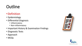 Outline
• Definition
• Epidemiology
• Differential Diagnosis
• Inflammatory
• Non-inflammatory
• Important History & Examination Findings
• Diagnostic Tests
• Approach
• MCQs
 