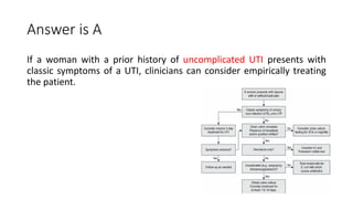 Answer is A
If a woman with a prior history of uncomplicated UTI presents with
classic symptoms of a UTI, clinicians can consider empirically treating
the patient.
 
