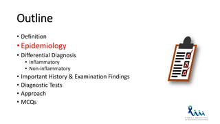 Outline
• Definition
• Epidemiology
• Differential Diagnosis
• Inflammatory
• Non-inflammatory
• Important History & Examination Findings
• Diagnostic Tests
• Approach
• MCQs
 