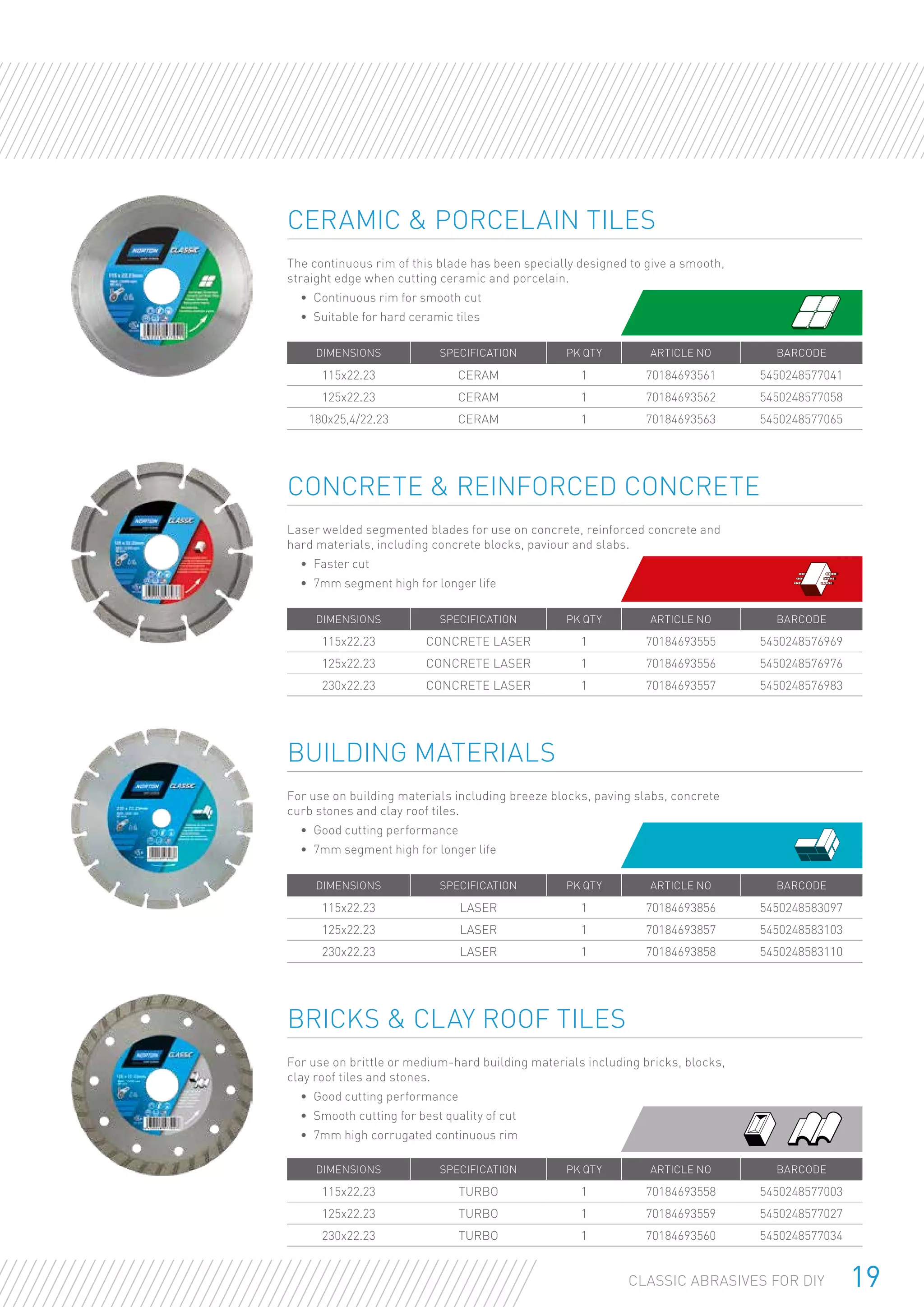 19CLASSIC ABRASIVES FOR DIY
Ceramic  Porcelain Tiles
The continuous rim of this blade has been specially designed to give a smooth,
straight edge when cutting ceramic and porcelain.
•	 Continuous rim for smooth cut
•	 Suitable for hard ceramic tiles
DIMENSIONS SPECIFICATION PK QTY ARTICLE NO BARCODE
115x22.23 CERAM 1 70184693561 5450248577041
125x22.23 CERAM 1 70184693562 5450248577058
180x25,4/22.23 CERAM 1 70184693563 5450248577065
Building Materials
For use on building materials including breeze blocks, paving slabs, concrete
curb stones and clay roof tiles.
•	 Good cutting performance
•	 7mm segment high for longer life
DIMENSIONS SPECIFICATION PK QTY ARTICLE NO BARCODE
115x22.23 LASER 1 70184693856 5450248583097
125x22.23 LASER 1 70184693857 5450248583103
230x22.23 LASER 1 70184693858 5450248583110
Bricks  Clay roof tiles
For use on brittle or medium-hard building materials including bricks, blocks,
clay roof tiles and stones.
•	 Good cutting performance
•	 Smooth cutting for best quality of cut
•	 7mm high corrugated continuous rim
DIMENSIONS SPECIFICATION PK QTY ARTICLE NO BARCODE
115x22.23 TURBO 1 70184693558 5450248577003
125x22.23 TURBO 1 70184693559 5450248577027
230x22.23 TURBO 1 70184693560 5450248577034
Concrete  Reinforced Concrete
Laser welded segmented blades for use on concrete, reinforced concrete and
hard materials, including concrete blocks, paviour and slabs.
•	 Faster cut
•	 7mm segment high for longer life
DIMENSIONS SPECIFICATION PK QTY ARTICLE NO BARCODE
115x22.23 Concrete Laser 1 70184693555 5450248576969
125x22.23 Concrete Laser 1 70184693556 5450248576976
230x22.23 Concrete Laser 1 70184693557 5450248576983
 
