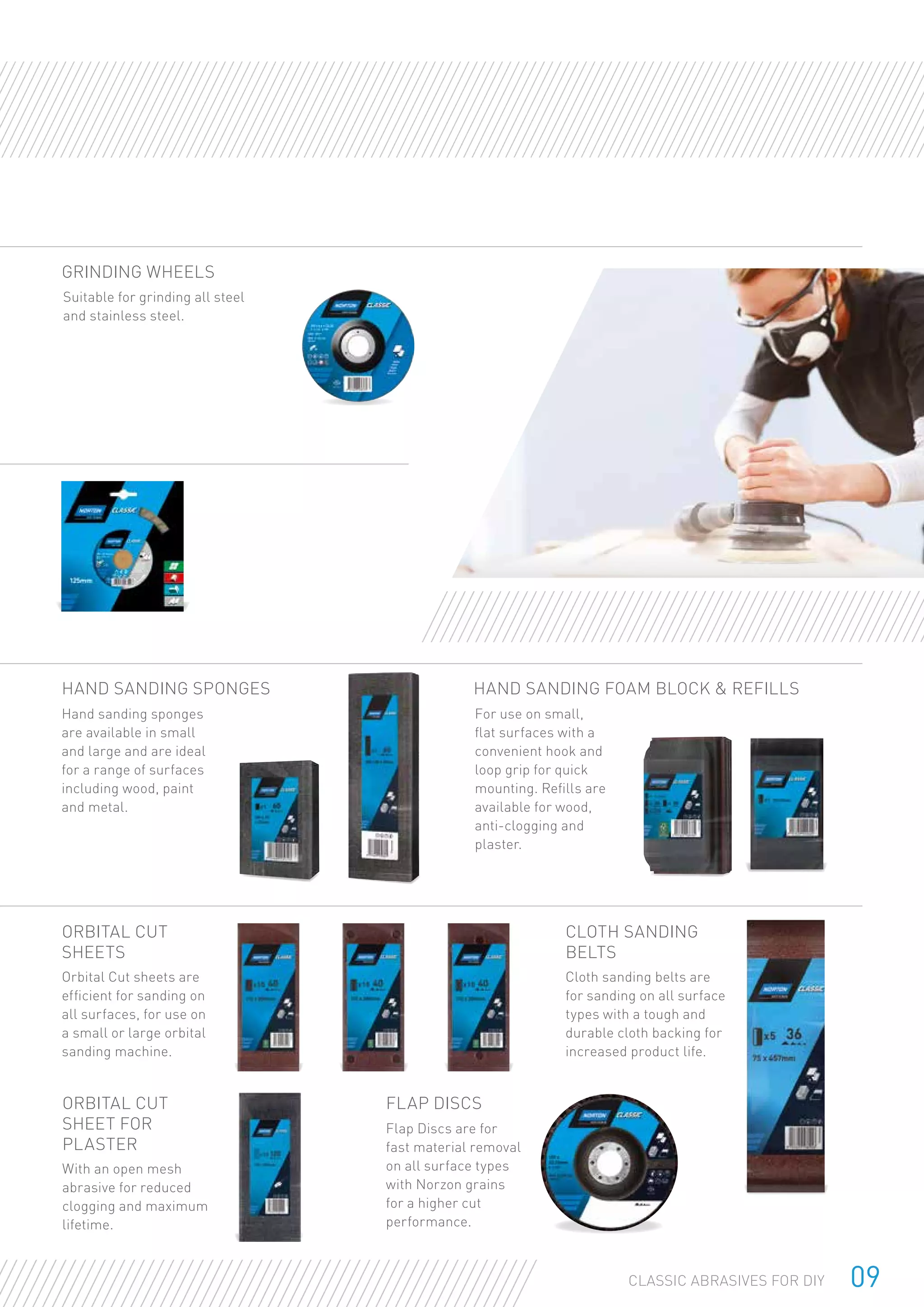 09CLASSIC ABRASIVES FOR DIY
GRINDING wheels
Suitable for grinding all steel
and stainless steel.
cloth sanding
belts
flap discs
orbital cut
sheets
orbital cut
sheet for
Plaster
Orbital Cut sheets are
efficient for sanding on
all surfaces, for use on
a small or large orbital
sanding machine.
With an open mesh
abrasive for reduced
clogging and maximum
lifetime.
Flap Discs are for
fast material removal
on all surface types
with Norzon grains
for a higher cut
performance.
Cloth sanding belts are
for sanding on all surface
types with a tough and
durable cloth backing for
increased product life.
HAND SANDING sponges HAND SANDING foam block & refills
Hand sanding sponges
are available in small
and large and are ideal
for a range of surfaces
including wood, paint
and metal.
For use on small,
flat surfaces with a
convenient hook and
loop grip for quick
mounting. Refills are
available for wood,
anti-clogging and
plaster.
 