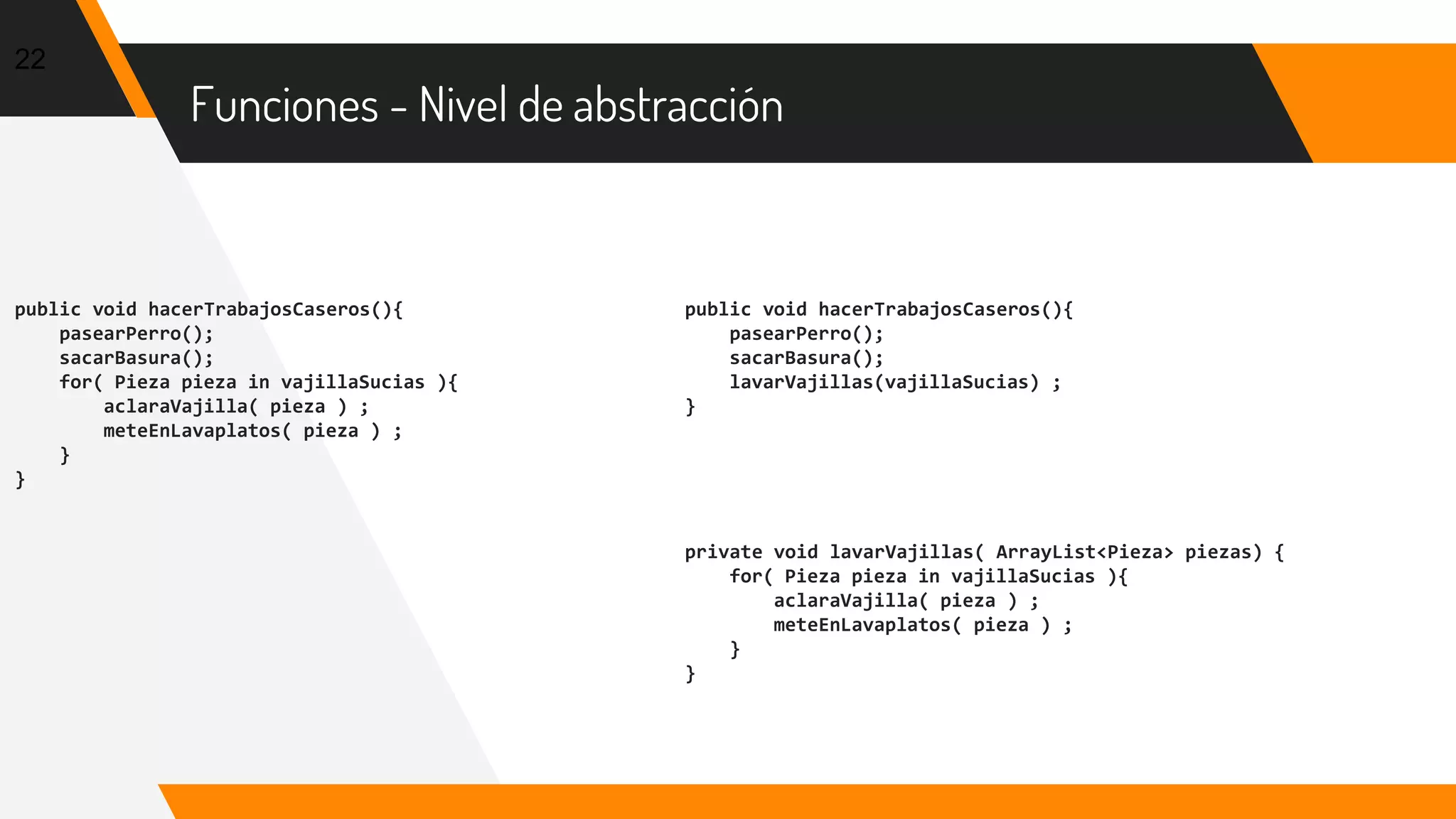 public void hacerTrabajosCaseros(){
pasearPerro();
sacarBasura();
for( Pieza pieza in vajillaSucias ){
aclaraVajilla( pieza ) ;
meteEnLavaplatos( pieza ) ;
}
}
Funciones - Nivel de abstracción
public void hacerTrabajosCaseros(){
pasearPerro();
sacarBasura();
lavarVajillas(vajillaSucias) ;
}
22
private void lavarVajillas( ArrayList<Pieza> piezas) {
for( Pieza pieza in vajillaSucias ){
aclaraVajilla( pieza ) ;
meteEnLavaplatos( pieza ) ;
}
}
 