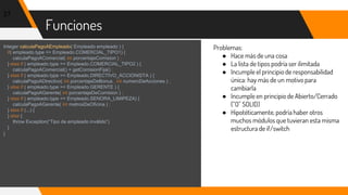 Funciones
27
Integer calculaPagoAEmpleado( Empleado empleado ) {
if( empleado.type == Empleado.COMERCIAL_TIPO1) {
calculaPagoAComercial( int porcentajeComision ) ;
} else if ( empleado.type == Empleado.COMERCIAL_TIPO2 ) {
calculaPagoAComercial() + getComisionFija() ;
} else if ( empleado.type == Empleado.DIRECTIVO_ACCIONISTA ) {
calculaPagoADirectivo( int porcentajeDeBonus , int numeroDeAcciones ) ;
} else if ( empleado.type == Empleado.GERENTE ) {
calculaPagoAGerente( int porcentajeDeComision ) ;
} else if ( empleado.type == Empleado.SENORA_LIMIPEZA) {
calculaPagoAGerente( int metrosDeOficina ) ;
} else if (...) {
} else {
throw Exception(“Tipo de empleado inválido”)
}
}
Problemas:
● Hace más de una cosa
● La lista de tipos podría ser ilimitada
● Incumple el principio de responsabilidad
única: hay más de un motivo para
cambiarla
● Incumple en principio de Abierto/Cerrado
(“O” SOLID)
● Hipotéticamente, podría haber otros
muchos módulos que tuvieran esta misma
estructura de if/switch
 
