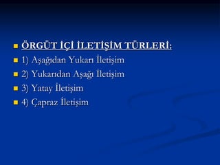  ÖRGÜT İÇİ İLETİŞİM TÜRLERİ:
 1) Aşağıdan Yukarı İletişim
 2) Yukarıdan Aşağı İletişim
 3) Yatay İletişim
 4) Çapraz İletişim
 