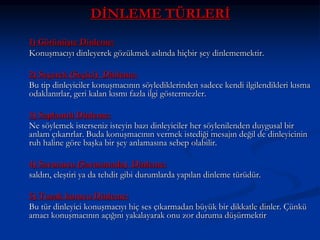 DİNLEME TÜRLERİ
1) Görünüşte Dinleme:
Konuşmacıyı dinleyerek gözükmek aslında hiçbir şey dinlememektir.
2) Seçerek (Seçici) Dinleme:
Bu tip dinleyiciler konuşmacının söylediklerinden sadece kendi ilgilendikleri kısma
odaklanırlar, geri kalan kısmı fazla ilgi göstermezler.
3) Saplantılı Dinleme:
Ne söylemek isterseniz isteyin bazı dinleyiciler her söylenilenden duygusal bir
anlam çıkarırlar. Buda konuşmacının vermek istediği mesajın değil de dinleyicinin
ruh haline göre başka bir şey anlamasına sebep olabilir.
4) Savunucu (Savunmada) Dinleme:
saldırı, eleştiri ya da tehdit gibi durumlarda yapılan dinleme türüdür.
5) Tuzak kurucu Dinleme:
Bu tür dinleyici konuşmacıyı hiç ses çıkarmadan büyük bir dikkatle dinler. Çünkü
amacı konuşmacının açığını yakalayarak onu zor duruma düşürmektir
 