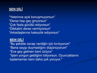 SEN DİLİ
“Yeterince açık konuşmuyorsun”
“Derse hep geç giriyorsun”
“Çok fazla gürültü ediyorsun”
“Dikkatini derse vermiyorsun”
“Arkadaşlarına haksızlık ediyorsun”
BEN DİLİ
"Bu şekilde cevap verdiğin için kırılıyorum”
“Bana saygı duymadığını düşünüyorum"
“Eve geç gelmen beni üzüyor”
“İşten yorgun geldiğimi biliyorsun. Oyuncaklarını
toplamaman beni daha çok yoruyor."
 