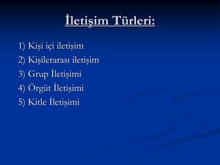 İletişim Türleri:
1) Kişi içi iletişim
2) Kişilerarası iletişim
3) Grup İletişimi
4) Örgüt İletişimi
5) Kitle İletişimi
 