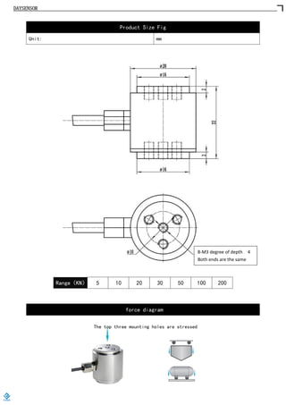 DAYSENSOR
Product Size Fig
Unit: mm
Range（KN） 5 10 20 30 50 100 200
force diagram
The top three mounting holes are stressed
8-M3 degree of depth 4
Both ends are the same
 