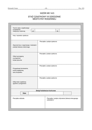 Dziennik Ustaw	 – 48 – 	 Poz. 474
﻿
WZÓR NR 14/3
STAŻ CZĄSTKOWY W DZIEDZINIE
MEDYCYNY RODZINNEJ
Termin stażu cząstkowego
w dziedzinie
medycyny rodzinnej od do
Imię i nazwisko opiekuna
Zapoznał się z organizacją i metodami
praktyki lekarza rodzinnego
Pieczątka i podpis opiekuna
Odbył wymaganą
w programie
liczbę dyżurów
Pieczątka i podpis opiekuna
Przygotował doniesienie,
pracę poglądową,
opis przypadku
Pieczątka i podpis opiekuna
Odbył staż cząstkowy
zgodnie z programem
Pieczątka i podpis opiekuna
Złożył kolokwium końcowe
Data
Pieczątka oddziału Pieczątka i podpis ordynatora (lekarza kierującego
oddziałem)
www.rcl.gov.pl
 