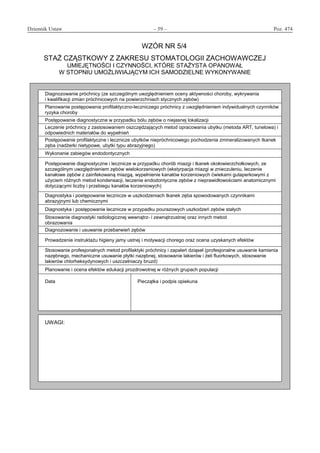 Dziennik Ustaw	 – 59 – 	 Poz. 474
﻿
WZÓR NR 5/4
STAŻ CZĄSTKOWY Z ZAKRESU STOMATOLOGII ZACHOWAWCZEJ
UMIEJĘTNOŚCI I CZYNNOŚCI, KTÓRE STAŻYSTA OPANOWAŁ
W STOPNIU UMOŻLIWIAJĄCYM ICH SAMODZIELNE WYKONYWANIE
Diagnozowanie próchnicy (ze szczególnym uwzględnieniem oceny aktywności choroby, wykrywania
i kwalifikacji zmian próchnicowych na powierzchniach stycznych zębów)
Planowanie postępowania profilaktyczno-leczniczego próchnicy z uwzględnieniem indywidualnych czynników
ryzyka choroby
Postępowanie diagnostyczne w przypadku bólu zębów o niejasnej lokalizacji
Leczenie próchnicy z zastosowaniem oszczędzających metod opracowania ubytku (metoda ART, tunelowa) i
odpowiednich materiałów do wypełnień
Postępowanie profilaktyczne i lecznicze ubytków niepróchnicowego pochodzenia zmineralizowanych tkanek
zęba (nadżerki nietypowe, ubytki typu abrazyjnego)
Wykonanie zabiegów endodontycznych
Postępowanie diagnostyczne i lecznicze w przypadku chorób miazgi i tkanek okołowierzchołkowych, ze
szczególnym uwzględnieniem zębów wielokorzeniowych (ekstyrpacja miazgi w znieczuleniu, leczenie
kanałowe zębów z zainfekowaną miazgą, wypełnienie kanałów korzeniowych ćwiekami gutaperkowymi z
użyciem różnych metod kondensacji, leczenie endodontyczne zębów z nieprawidłowościami anatomicznymi
dotyczącymi liczby i przebiegu kanałów korzeniowych)
Diagnostyka i postępowanie lecznicze w uszkodzeniach tkanek zęba spowodowanych czynnikami
abrazyjnymi lub chemicznymi
Diagnostyka i postępowanie lecznicze w przypadku pourazowych uszkodzeń zębów stałych
Stosowanie diagnostyki radiologicznej wewnątrz- i zewnątrzustnej oraz innych metod
obrazowania
Diagnozowanie i usuwanie przebarwień zębów
Prowadzenie instruktażu higieny jamy ustnej i motywacji chorego oraz ocena uzyskanych efektów
Stosowanie profesjonalnych metod profilaktyki próchnicy i zapaleń dziąseł (profesjonalne usuwanie kamienia
nazębnego, mechaniczne usuwanie płytki nazębnej, stosowanie lakierów i żeli fluorkowych, stosowanie
lakierów chlorheksydynowych i uszczelniaczy bruzd)
Planowanie i ocena efektów edukacji prozdrowotnej w różnych grupach populacji
Data Pieczątka i podpis opiekuna
UWAGI:
www.rcl.gov.pl
 