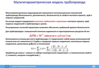 ИНСТИТУТ РАЦИОНАЛЬНЫХ ТЕХНОЛОГИЙ25
Мультипараметрическая модель трубопровода
Для трубопроводов с повышенной степенью надежности и гарантированным ресурсом 50 лет:
Интенсивность отказов для всего трубопровода λ(t) представляет собой сумму интенсивностей
отказов всех его элементов λj(t) (трубы и заводские сварные соединения, монтажные сварные
соединения, допустимые дефекты и отклонения):
 
   

n
j jjjj
jjjj
n
j
j
tLMGF
tLMGf
tt
11 ,,,1
,,,
)()( 
Наработка до отказа Tj зависит от набора геометрических параметров Gj и механических свойств
Mj элемента, нагрузок и воздействий Lj.
Многопараметрическое моделирование зависимости эксплуатационных показателей
трубопровода (безотказность, долговечность, безопасность) от свойств листового проката, труб и
сварных соединений.
На основе модели определяется комплекс требований к параметрам листового проката, труб,
сварных соединений и трубопровода в целом.
Регулирование значений параметров позволяет обеспечить требуемый уровень безопасности.
 