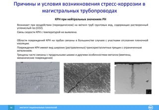 ИНСТИТУТ РАЦИОНАЛЬНЫХ ТЕХНОЛОГИЙ96
КРН при нейтральных значениях PH
Возникает при воздействии (периодическом) на металл труб грунтовых вод, содержащих растворенный
углекислый газ (CO2).
Связь скорости КРН с температурой не выявлена.
Области повреждений КРН на трубах связаны в большинстве случаев с участками отслоения пленочной
изоляции.
Повреждения КРН имеют вид широких (растравленных) транскристаллитных трещин с ограниченным
ветвлением.
Трещины часто связаны с продольными швами и другими особенностями металла (вмятины,
механические повреждения)
Причины и условия возникновения стресс-коррозии в
магистральных трубопроводах
 