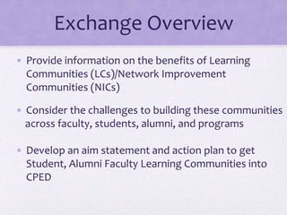 Exchange Overview
• Provide information on the benefits of Learning
Communities (LCs)/Network Improvement
Communities (NICs)
• Consider the challenges to building these communities
across faculty, students, alumni, and programs
• Develop an aim statement and action plan to get
Student, Alumni Faculty Learning Communities into
CPED
 