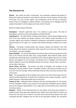 The Character list
Richard - Also called the duke of Gloucester, and eventually crowned King Richard III.
Deformed in body and twisted in mind, Richard is both the central character and the villain
of the play. He is evil, corrupt, sadistic, and manipulative, and he will stop at nothing to
become king. His intelligence, political brilliance, and dazzling use of language keep the
audience fascinated—and his subjects and rivals under his thumb.
Read an in-depth analysis of Richard.
Buckingham - Richard’s right-hand man in his schemes to gain power. The duke of
Buckingham is almost as amoral and ambitious as Richard himself.
King Edward IV - The older brother of Richard and Clarence, and the king of England at the
start of the play. Edward was deeply involved in the Yorkists’ brutal overthrow of the
Lancaster regime, but as king he is devoted to achieving a reconciliation among the various
political factions of his reign. He is unaware that Richard attempts to thwart him at every
turn.
Clarence - The gentle, trusting brother born between Edward and Richard in the York
family. Richard has Clarence murdered in order to get him out of the way. Clarence leaves
two children, a son and a daughter.
Queen Elizabeth - The wife of King Edward IV and the mother of the two young princes (the
heirs to the throne) and their older sister, young Elizabeth. After Edward’s death, Queen
Elizabeth (also called Lady Gray) is at Richard’s mercy. Richard rightly views her as an enemy
because she opposes his rise to power, and because she is intelligent and fairly strong-
willed. Elizabeth is part of the Woodeville family; her kinsmen—Dorset, Rivers, and Gray—
are her allies in the court.
Dorset, Rivers, and Gray - The kinsmen and allies of Elizabeth, and members of the
Woodeville and Gray families. Rivers is Elizabeth’s brother, while Gray and Dorset are her
sons from her first marriage. Richard eventually executes Rivers and Gray, but Dorset flees
and survives.
Anne - The young widow of Prince Edward, who was the son of the former king, Henry VI.
Lady Anne hates Richard for the death of her husband, but for reasons of politics—and for
sadistic pleasure—Richard persuades Anne to marry him.
Duchess of York - Widowed mother of Richard, Clarence, and King Edward IV. The duchess
of York is Elizabeth’s mother-in-law, and she is very protective of Elizabeth and her children,
who are the duchess’s grandchildren. She is angry with, and eventually curses, Richard for
his heinous actions.
Margaret - Widow of the dead King Henry VI, and mother of the slain Prince Edward. In
medieval times, when kings were deposed, their children were often killed to remove any
threat from the royal line of descent—but their wives were left alive because they were
considered harmless. Margaret was the wife of the king before Edward, the Lancastrian
 