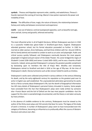 symbols · Theseus and Hippolyta represent order, stability, and wakefulness; Theseus’s
hounds represent the coming of morning; Oberon’s love potion represents the power and
instability of love.
themes · The difficulties of love; magic; the nature of dreams; the relationships between
fantasy and reality and between environment and experience
motifs · Love out of balance; contrast (juxtaposed opposites, such as beautiful and ugly,
short and tall, clumsy and graceful, ethereal and earthy)
Context
The most influential writer in all of English literature, William Shakespeare was born in 1564
to a successful middle-class glove-maker in Stratford-upon-Avon, England. Shakespeare
attended grammar school, but his formal education proceeded no further. In 1582 he
married an older woman, Anne Hathaway, and had three children with her. Around 1590 he
left his family behind and traveled to London to work as an actor and playwright. Public and
critical success quickly followed, and Shakespeare eventually became the most popular
playwright in England and part-owner of the Globe Theater. His career bridged the reigns of
Elizabeth I (ruled 1558–1603) and James I (ruled 1603–1625), and he was a favorite of both
monarchs. Indeed, James granted Shakespeare’s company the greatest possible compliment
by bestowing upon its members the title of King’s Men. Wealthy and renowned,
Shakespeare retired to Stratford and died in 1616 at the age of fifty-two. At the time of
Shakespeare’s death, literary luminaries such as Ben Jonson hailed his works as timeless.
Shakespeare’s works were collected and printed in various editions in the century following
his death, and by the early eighteenth century his reputation as the greatest poet ever to
write in English was well established. The unprecedented admiration garnered by his works
led to a fierce curiosity about Shakespeare’s life, but the dearth of biographical information
has left many details of Shakespeare’s personal history shrouded in mystery. Some people
have concluded from this fact that Shakespeare’s plays were really written by someone
else—Francis Bacon and the Earl of Oxford are the two most popular candidates—but the
support for this claim is overwhelmingly circumstantial, and the theory is not taken seriously
by many scholars.
In the absence of credible evidence to the contrary, Shakespeare must be viewed as the
author of the thirty-seven plays and 154 sonnets that bear his name. The legacy of this body
of work is immense. A number of Shakespeare’s plays seem to have transcended even the
category of brilliance, becoming so influential as to profoundly affect the course of Western
literature and culture ever after.
 