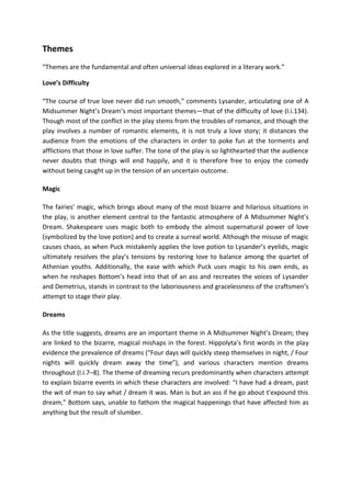 Themes
“Themes are the fundamental and often universal ideas explored in a literary work.”
Love’s Difficulty
“The course of true love never did run smooth,” comments Lysander, articulating one of A
Midsummer Night’s Dream’s most important themes—that of the difficulty of love (I.i.134).
Though most of the conflict in the play stems from the troubles of romance, and though the
play involves a number of romantic elements, it is not truly a love story; it distances the
audience from the emotions of the characters in order to poke fun at the torments and
afflictions that those in love suffer. The tone of the play is so lighthearted that the audience
never doubts that things will end happily, and it is therefore free to enjoy the comedy
without being caught up in the tension of an uncertain outcome.
Magic
The fairies’ magic, which brings about many of the most bizarre and hilarious situations in
the play, is another element central to the fantastic atmosphere of A Midsummer Night’s
Dream. Shakespeare uses magic both to embody the almost supernatural power of love
(symbolized by the love potion) and to create a surreal world. Although the misuse of magic
causes chaos, as when Puck mistakenly applies the love potion to Lysander’s eyelids, magic
ultimately resolves the play’s tensions by restoring love to balance among the quartet of
Athenian youths. Additionally, the ease with which Puck uses magic to his own ends, as
when he reshapes Bottom’s head into that of an ass and recreates the voices of Lysander
and Demetrius, stands in contrast to the laboriousness and gracelessness of the craftsmen’s
attempt to stage their play.
Dreams
As the title suggests, dreams are an important theme in A Midsummer Night’s Dream; they
are linked to the bizarre, magical mishaps in the forest. Hippolyta’s first words in the play
evidence the prevalence of dreams (“Four days will quickly steep themselves in night, / Four
nights will quickly dream away the time”), and various characters mention dreams
throughout (I.i.7–8). The theme of dreaming recurs predominantly when characters attempt
to explain bizarre events in which these characters are involved: “I have had a dream, past
the wit of man to say what / dream it was. Man is but an ass if he go about t’expound this
dream,” Bottom says, unable to fathom the magical happenings that have affected him as
anything but the result of slumber.
 
