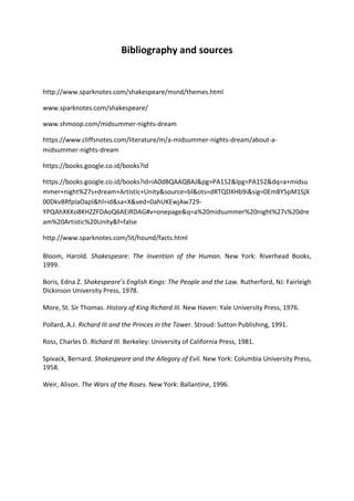 Bibliography and sources
http://www.sparknotes.com/shakespeare/msnd/themes.html
www.sparknotes.com/shakespeare/
www.shmoop.com/midsummer-nights-dream
https://www.cliffsnotes.com/literature/m/a-midsummer-nights-dream/about-a-
midsummer-nights-dream
https://books.google.co.id/books?id
https://books.google.co.id/books?id=iA0dBQAAQBAJ&pg=PA152&lpg=PA152&dq=a+midsu
mmer+night%27s+dream+Artistic+Unity&source=bl&ots=dRTQDXHb9i&sig=0Em8Y5pM1SjX
00DkvBRfpIaOapI&hl=id&sa=X&ved=0ahUKEwjAw729-
YPQAhXKKo8KHZZFDAoQ6AEIRDAG#v=onepage&q=a%20midsummer%20night%27s%20dre
am%20Artistic%20Unity&f=false
http://www.sparknotes.com/lit/hound/facts.html
Bloom, Harold. Shakespeare: The Invention of the Human. New York: Riverhead Books,
1999.
Boris, Edna Z. Shakespeare’s English Kings: The People and the Law. Rutherford, NJ: Fairleigh
Dickinson University Press, 1978.
More, St. Sir Thomas. History of King Richard III. New Haven: Yale University Press, 1976.
Pollard, A.J. Richard III and the Princes in the Tower. Stroud: Sutton Publishing, 1991.
Ross, Charles D. Richard III. Berkeley: University of California Press, 1981.
Spivack, Bernard. Shakespeare and the Allegory of Evil. New York: Columbia University Press,
1958.
Weir, Alison. The Wars of the Roses. New York: Ballantine, 1996.
 
