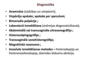 Diagnostika
• Anamnēze (sūdzības un simptomi);
• Vispārēja apskate, apskate per speculum;
• Bimanuāla palpācija ;
• Laboratorā izmeklēšana (anēmijas diagnosticēšanai);
• Abdominālā vai transvagināla ultrasonogrāfija ;
• Histerosalpingogrāfija ;
• Transvaginālā sonohisterogrāfija;
• Magnētiskā rezonanse ;
• Invazīvās izmeklēšanas metodes – histeroskopija un
histerorezektoskopija, dzemdes dobuma abrāzija.
 