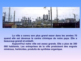 La ville a connu son plus grand essor dans les années 70 quand elle est devenue le centre chimique de notre pays. Elle a beaucoup grandi et embelli.  Aujourd’hui notre ville est assez grande. Elle a plus de 300 000 habitants. Les entreprises de la ville produisent des engrais minéraux, herbicides, produits de synthèse organique. 
