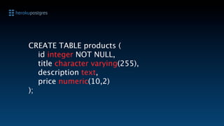 CREATE TABLE products (
    id integer NOT NULL,
    title character varying(255),
    description text,
    price numeric(10,2)
);
 