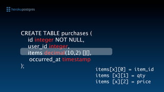 CREATE TABLE purchases (
   id integer NOT NULL,
  user_id integer,
   items decimal(10,2) [][],

 occurred_at timestamp
);
                               items[x][0] = item_id
                               items [x][1] = qty
                               items [x][2] = price
 
