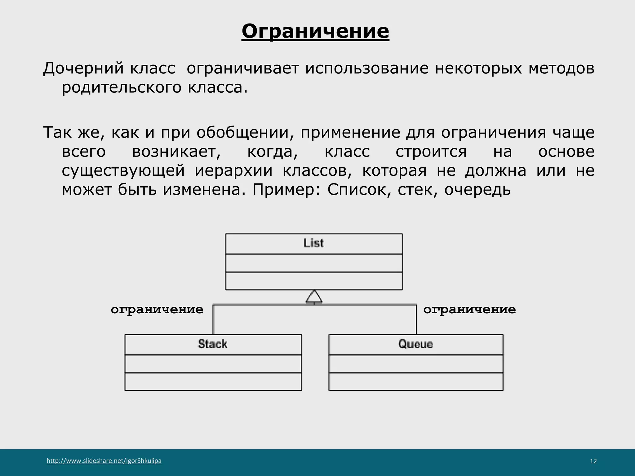 http://www.slideshare.net/IgorShkulipa 12
Ограничение
Дочерний класс ограничивает использование некоторых методов
родительского класса.
Так же, как и при обобщении, применение для ограничения чаще
всего возникает, когда, класс строится на основе
существующей иерархии классов, которая не должна или не
может быть изменена. Пример: Список, стек, очередь
ограничениеограничение
 