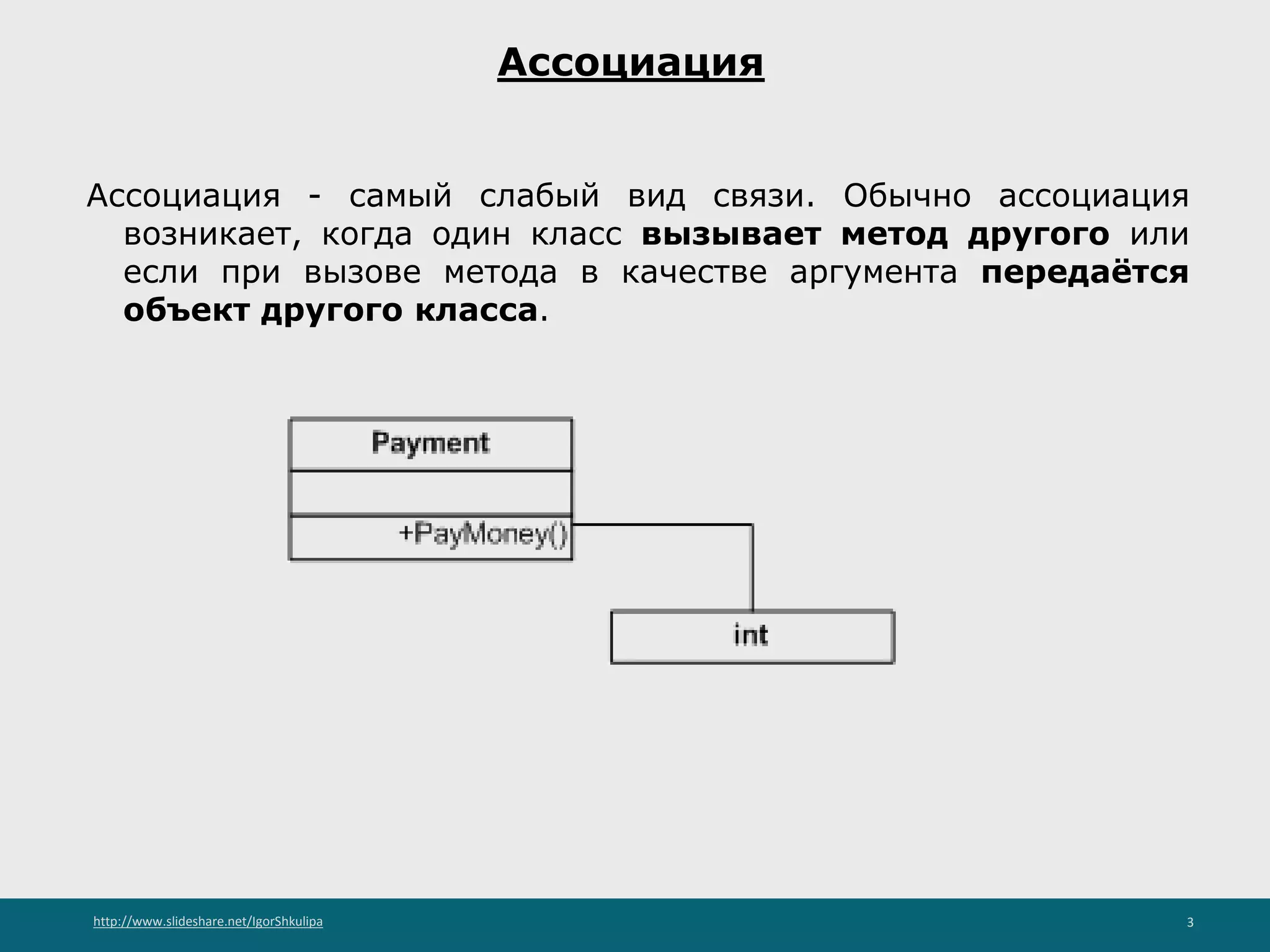 http://www.slideshare.net/IgorShkulipa 3
Ассоциация
Ассоциация - самый слабый вид связи. Обычно ассоциация
возникает, когда один класс вызывает метод другого или
если при вызове метода в качестве аргумента передаётся
объект другого класса.
 
