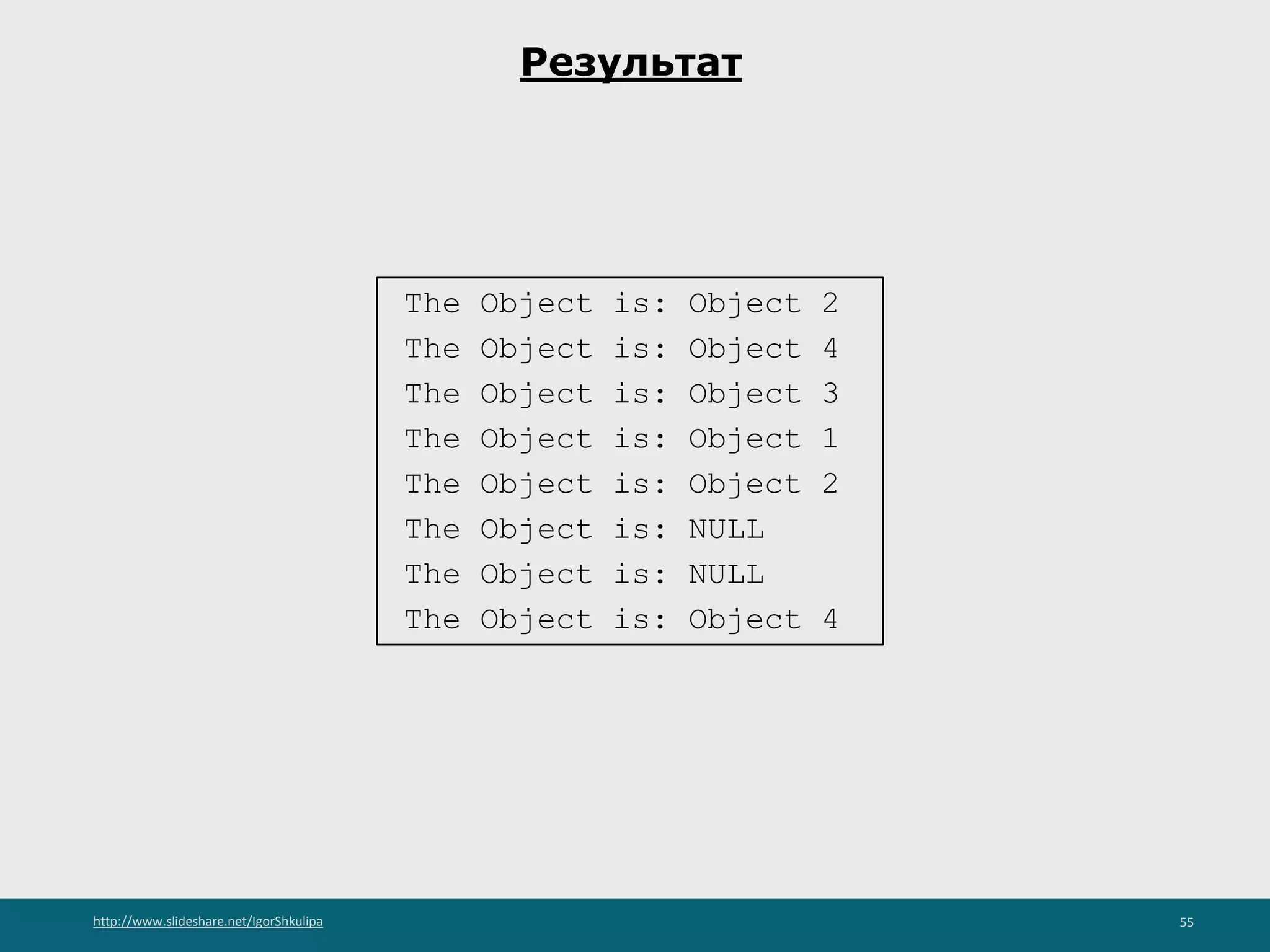 http://www.slideshare.net/IgorShkulipa 55
Результат
The Object is: Object 2
The Object is: Object 4
The Object is: Object 3
The Object is: Object 1
The Object is: Object 2
The Object is: NULL
The Object is: NULL
The Object is: Object 4
 