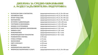 ДИПЛОМА ЗА СРЕДНО ОБРАЗОВАНИЕ
А. РАЗДЕЛ ЗАДЪЛЖИТЕЛНА ПОДГОТОВКА:
 БЪЛГАРСКИ ЕЗИК И ЛИТЕРАТУРА: средноаритметичната от ІХ, Х, ХІ и ХІІ клас
 АНГЛИЙСКИ ЕЗИК: средноаритметичната от ІХ, Х, ХІ и ХІІ клас
 ВТОРИ ЧУЖД ЕЗИК: средноаритметичната от ІХ, Х, ХІ и ХІІ клас
 МАТЕМАТИКА: средноаритметичната от ІХ, Х, ХІ и ХІІ клас
 ИСТОРИЯ И ЦИВИЛИЗАЦИЯ: средноаритметичната от Х, ХІ и ХІІ клас
 ГЕОГРАФИЯ И ИКОНОМИКА: средноаритметичната от Х, ХІ и ХІІ клас
 ФИЗИКА И АСТРОНИМИЯ: средноаритметичната от Х, ХІ и ХІІ клас
 БИОЛОГИЯ И ЗДРАВНО ОБРАЗОВАНИЕ: средноаритметичната от Х, ХІ клас
 ХИМИЯ И ООС: средноаритметичната от Х, ХІ клас
 ИНФОРМАТИКА: средноаритметичната от ІХ, Х клас
 ИНФОРМАЦИОННИ ТЕХНОЛОГИИ: средноаритметичната от ІХ, Х клас
 ПСИХОЛОГИЯ И ЛОГИКА: от ІХ клас
 ЕТИКА И ПРАВО: от Х клас
 ФИЛОСОФИЯ: от ХІ клас
 СВЯТ И ЛИЧНОСТ: от ХІІ клас
 МУЗИКА: от ІХ клас
 ИЗОБРАЗИТЕЛНО ИЗКУСТВО: от ІХ клас
 ФИЗИЧЕСКО ВЪЗПИТАНИЕ И СПОРТ: средноаритметичната от ІХ, Х, ХІ и ХІІ клас
 
