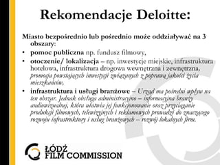 Rekomendacje Deloitte:
Miasto bezpośrednio lub pośrednio może oddziaływać na 3
  obszary:
• pomoc publiczna np. fundusz fi...
