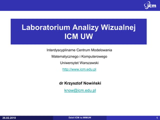 Laboratorium Analizy Wizualnej
                        ICM UW
                   Interdyscyplinarne Centrum Modelowania
                     Matematycznego i Komputerowego
                          Uniwersytet Warszawski
                            http://www.icm.edu.pl


                          dr Krzysztof Nowiński
                             know@icm.edu.pl




26.02.2010                     Dzień ICM na MIMUW           1
 