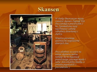 Skansen
     W Parku Dworcowym można
     zwiedzić skansen Zagrodę Wsi
     Pszczyńskiej o powierzchni 2
     ha. Zgromadzono tutaj
     najcenniejsze zabytki
     zabudowy drewnianej z
     okolicy.
     Wnętrza prezentują
     autentyczne wyposażenie
     dawnych chat.


     Przy odrobinie szczęścia na
     terenie skansenu można
     natknąć się na degustację
     prawdziwego, pysznego miodu i
     nabyć słoiczek pełny miodku, a
     ponadto pogawędzić z
     pszczelarzem :)
 