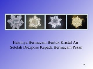 Hasilnya Bermacam Bentuk Kristal Air
Setelah Diexpose Kepada Bermacam Pesan



                                         16
 