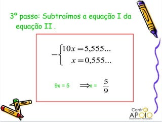 3º passo: Subtraímos a equação I da equação II  . 9x = 5    x =     