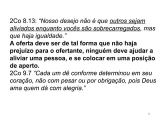 15
2Co 8.13: “Nosso desejo não é que outros sejam
aliviados enquanto vocês são sobrecarregados, mas
que haja igualdade.”
A oferta deve ser de tal forma que não haja
prejuízo para o ofertante, ninguém deve se
colocar em uma posição de aperto.
2Co 9.7 “Cada um dê conforme determinou em seu
coração, não com pesar ou por obrigação, pois Deus
ama quem dá com alegria.”
 