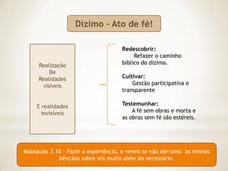 Dízimo – Ato de fé!

                                     Redescobrir:
                                          Refazer o caminho
     Realização                      bíblico do dízimo.
         De
     Realidades                      Cultivar:
      visíveis                           Gestão participativa e
                                     transparente

     E realidades                    Testemunhar:
       invisíveis                        A fé sem obras e morta e
                                     as obras sem fé são estéreis.




Malaquias 3,10 – Fazei a experiência, e vereis se não derramo as minhas
             bênçãos sobre vós muito além do necessário.
 