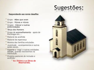 * Grupo – Mães que oram
* Grupo – Viúvas e viúvos
* Grupos – Câncer e outras
    enfermidades
*   Terço dos Homens
*   Grupo de aconselhamento – apoio de
    Psicólogos etc...
*   Pastoral da acolhida
*   Pastoral da esperança
*   Novena das famílias enlutadas
*   Juventude – acampamentos e outras
    ações socais.
*   Suporte a „ongs‟ e outras entidades
    sociais, quando inexistentes na
    instituição.
*   Projetos pastorais de inclusão e
    acolhida –
         * Ex: Dízimo e as Obras de
                 Misericórdia.
 
