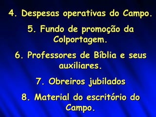 4. Despesas operativas do Campo. 5. Fundo de promoção da Colportagem. 6. Professores de Bíblia e seus auxiliares. 7. Obreiros jubilados 8. Material do escritório do Campo. 