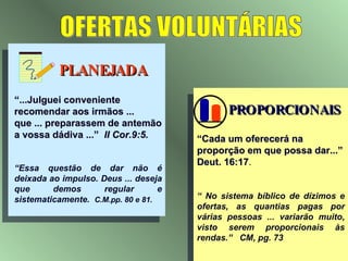 OFERTAS VOLUNTÁRIAS PROPORCIONAIS “ Cada um oferecerá na proporção em que possa dar...” Deut. 16:17 . “  No sistema bíblico de dízimos e ofertas, as quantias pagas por várias pessoas ... variarão muito, visto serem proporcionais às rendas.”  CM, pg. 73 PLANEJADA “ ...Julguei conveniente recomendar aos irmãos ... que ... preparassem de antemão a vossa dádiva ...”  II Cor.9:5. “ Essa questão de dar não é deixada ao impulso. Deus ... deseja que demos regular e sistematicamente.  C.M.pp. 80 e 81. 