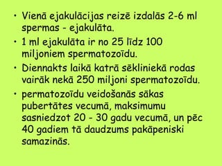 • Vienā ejakulācijas reizē izdalās 2-6 ml
spermas - ejakulāta.
• 1 ml ejakulāta ir no 25 līdz 100
miljoniem spermatozoīdu.
• Diennakts laikā katrā sēkliniekā rodas
vairāk nekā 250 miljoni spermatozoīdu.
• permatozoīdu veidošanās sākas
pubertātes vecumā, maksimumu
sasniedzot 20 - 30 gadu vecumā, un pēc
40 gadiem tā daudzums pakāpeniski
samazinās.

 