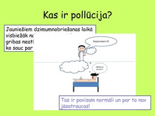 Kas ir pollūcija?
Jauniešiem dzimumnobriešanas laikā
visbiežāk naktī miegā notiek no
gribas neatkarīga sēklas noplūšana,
ko sauc par pollūciju.

Tas ir pavisam normāli un par to nav
jāsatraucas!

 